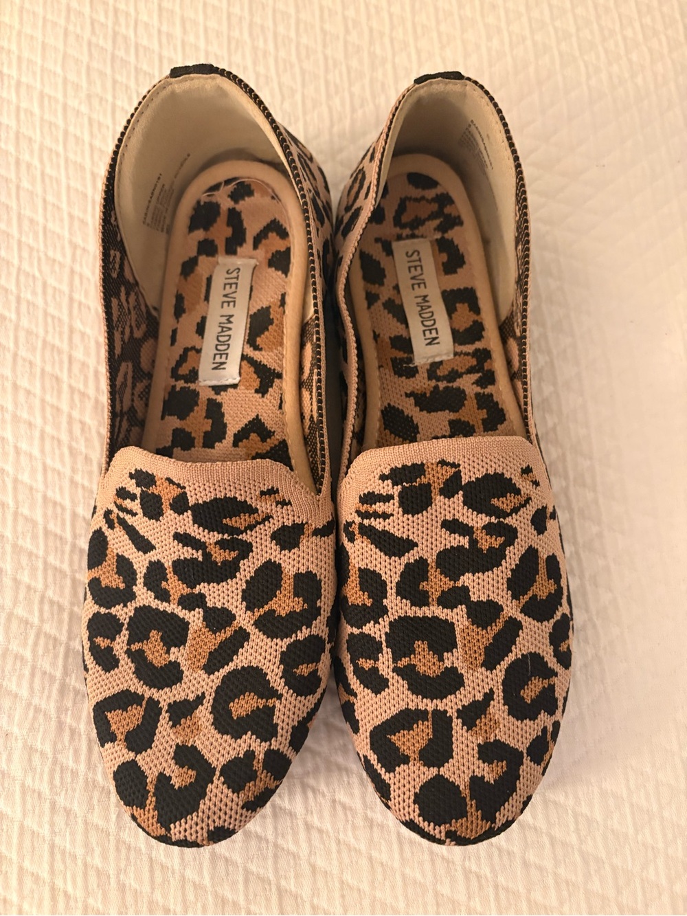 Steve Madden Leopard Print Knit Slip-On Flats in Tan and Black